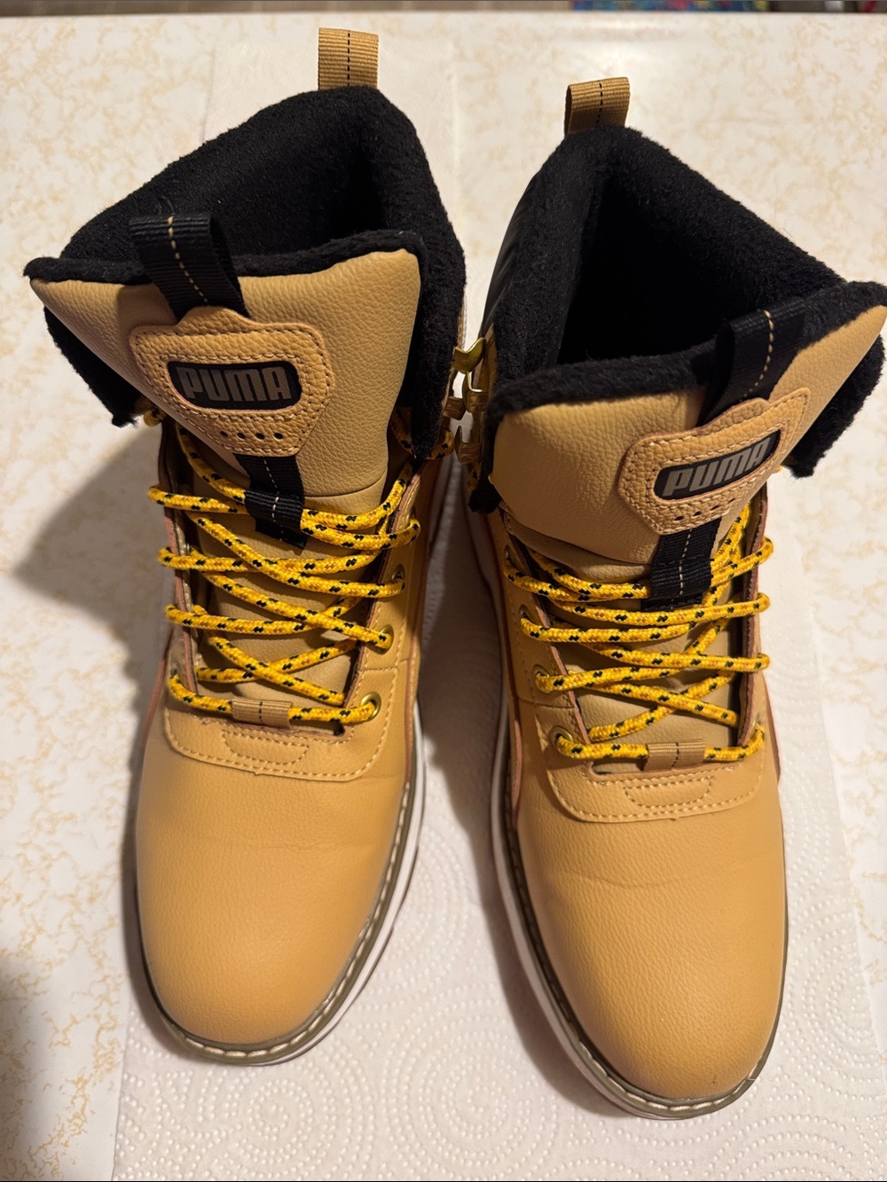 Puma Men's Tan Work-Style Boots with Black Collar and Yellow Laces